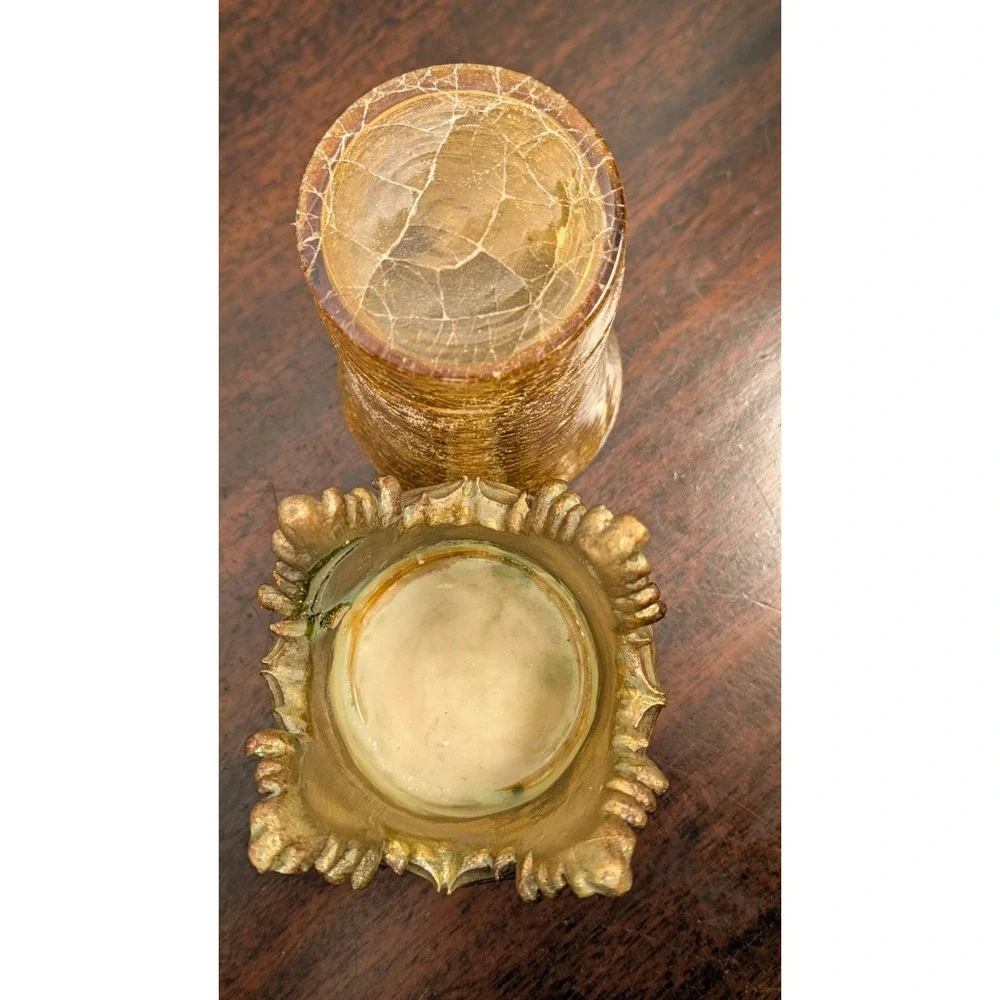 Vintage Ornate Gold Tone Vase Amber Crackle Glass Baroque Hollywood Regency 7
